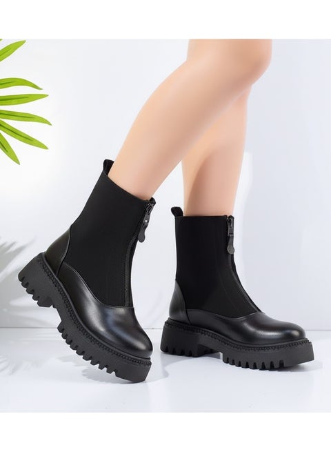 حذاء كاحل من الجلد و الشمواه مع سوسته أنيق E-104 - أسود